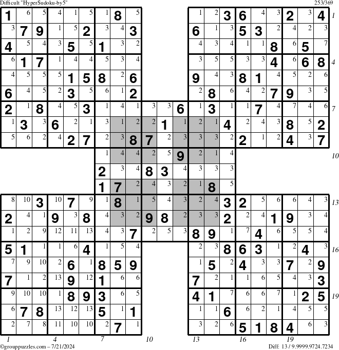 The grouppuzzles.com Difficult HyperSudoku-by5 puzzle for Sunday July 21, 2024 with all 13 steps marked