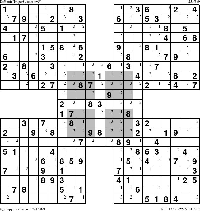 The grouppuzzles.com Difficult HyperSudoku-by5 puzzle for Sunday July 21, 2024 with the first 3 steps marked