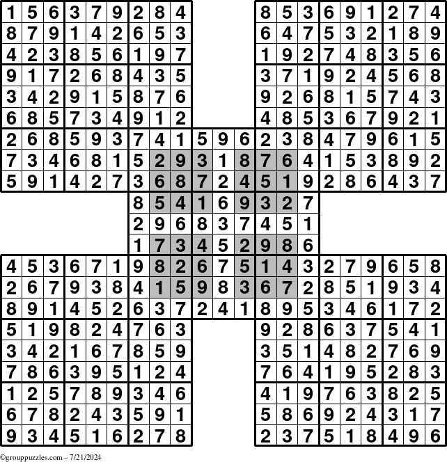 The grouppuzzles.com Answer grid for the HyperSudoku-by5 puzzle for Sunday July 21, 2024