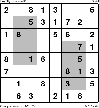 The grouppuzzles.com Easy HyperSudoku-8 puzzle for Sunday July 21, 2024