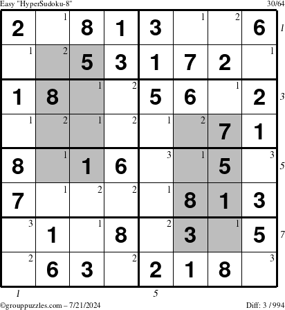 The grouppuzzles.com Easy HyperSudoku-8 puzzle for Sunday July 21, 2024 with all 3 steps marked