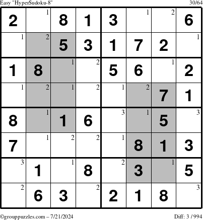 The grouppuzzles.com Easy HyperSudoku-8 puzzle for Sunday July 21, 2024 with the first 3 steps marked