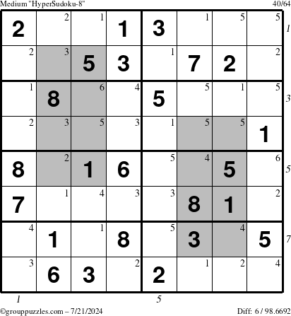 The grouppuzzles.com Medium HyperSudoku-8 puzzle for Sunday July 21, 2024, suitable for printing, with all 6 steps marked