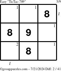 The grouppuzzles.com Easy TicTac-789 puzzle for Sunday July 21, 2024, suitable for printing, with all 2 steps marked