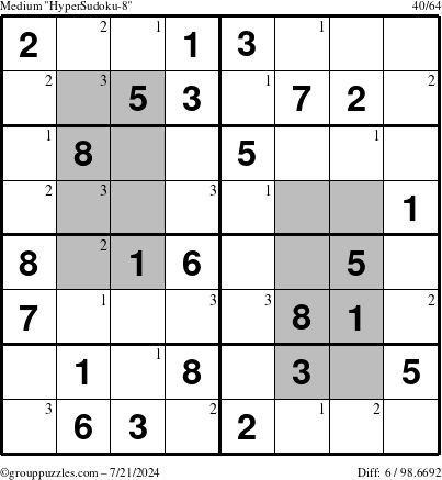 The grouppuzzles.com Medium HyperSudoku-8 puzzle for Sunday July 21, 2024 with the first 3 steps marked