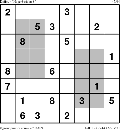 The grouppuzzles.com Difficult HyperSudoku-8 puzzle for Sunday July 21, 2024