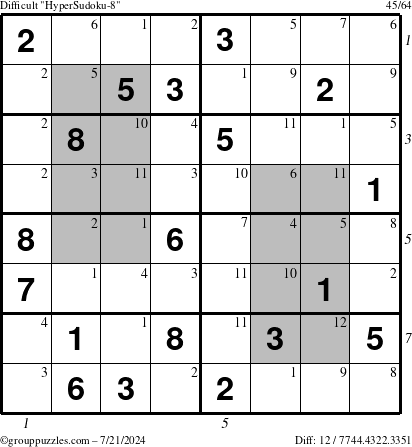 The grouppuzzles.com Difficult HyperSudoku-8 puzzle for Sunday July 21, 2024 with all 12 steps marked