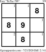 The grouppuzzles.com Easy TicTac-789 puzzle for Sunday July 21, 2024 with the first 2 steps marked