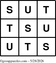 The grouppuzzles.com Answer grid for the TicTac-STU puzzle for Thursday May 28, 2026