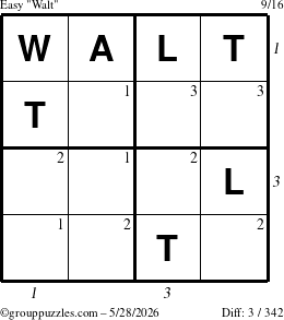 The grouppuzzles.com Easy Walt puzzle for Thursday May 28, 2026, suitable for printing, with all 3 steps marked