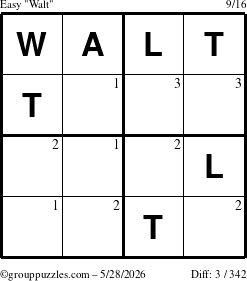 The grouppuzzles.com Easy Walt puzzle for Thursday May 28, 2026 with the first 3 steps marked
