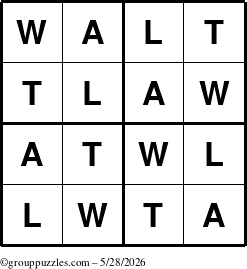The grouppuzzles.com Answer grid for the Walt puzzle for Thursday May 28, 2026
