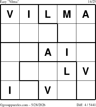 The grouppuzzles.com Easy Vilma puzzle for Thursday May 28, 2026