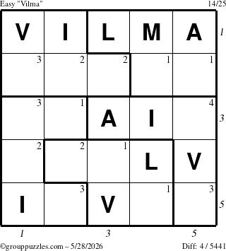 The grouppuzzles.com Easy Vilma puzzle for Thursday May 28, 2026, suitable for printing, with all 4 steps marked