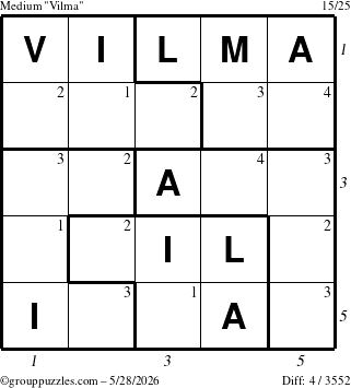 The grouppuzzles.com Medium Vilma puzzle for Thursday May 28, 2026, suitable for printing, with all 4 steps marked