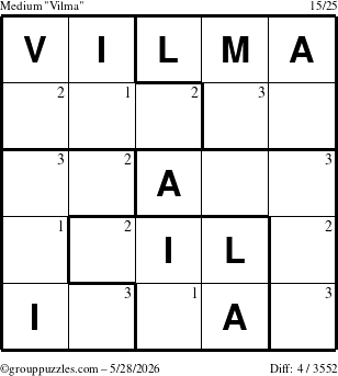 The grouppuzzles.com Medium Vilma puzzle for Thursday May 28, 2026 with the first 3 steps marked