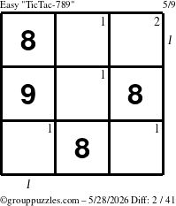 The grouppuzzles.com Easy TicTac-789 puzzle for Thursday May 28, 2026, suitable for printing, with all 2 steps marked