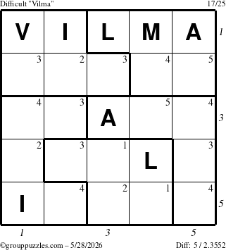 The grouppuzzles.com Difficult Vilma puzzle for Thursday May 28, 2026, suitable for printing, with all 5 steps marked