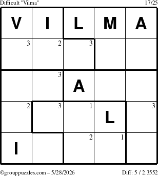 The grouppuzzles.com Difficult Vilma puzzle for Thursday May 28, 2026 with the first 3 steps marked