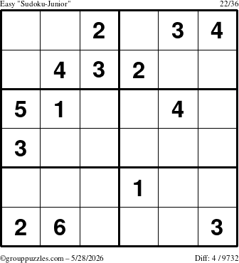 The grouppuzzles.com Easy Sudoku-Junior puzzle for Thursday May 28, 2026