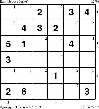 The grouppuzzles.com Easy Sudoku-Junior puzzle for Thursday May 28, 2026, suitable for printing, with all 4 steps marked