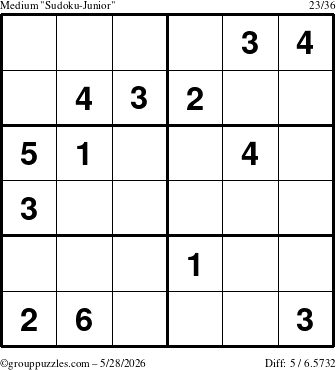 The grouppuzzles.com Medium Sudoku-Junior puzzle for Thursday May 28, 2026