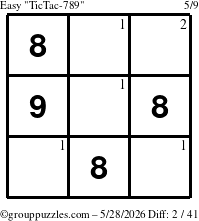 The grouppuzzles.com Easy TicTac-789 puzzle for Thursday May 28, 2026 with the first 2 steps marked