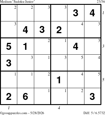 The grouppuzzles.com Medium Sudoku-Junior puzzle for Thursday May 28, 2026, suitable for printing, with all 5 steps marked