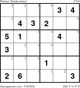 The grouppuzzles.com Medium Sudoku-Junior puzzle for Thursday May 28, 2026 with the first 3 steps marked