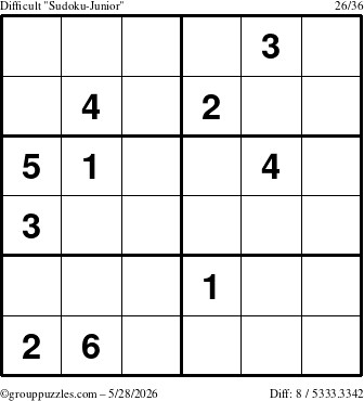 The grouppuzzles.com Difficult Sudoku-Junior puzzle for Thursday May 28, 2026