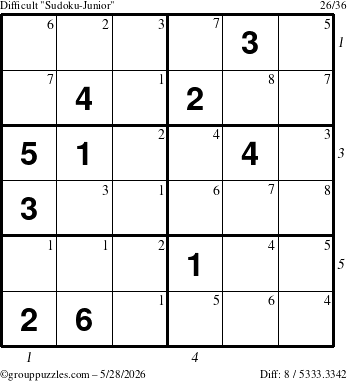 The grouppuzzles.com Difficult Sudoku-Junior puzzle for Thursday May 28, 2026, suitable for printing, with all 8 steps marked