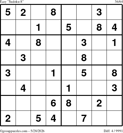The grouppuzzles.com Easy Sudoku-8 puzzle for Thursday May 28, 2026