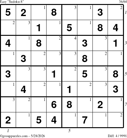 The grouppuzzles.com Easy Sudoku-8 puzzle for Thursday May 28, 2026 with all 4 steps marked