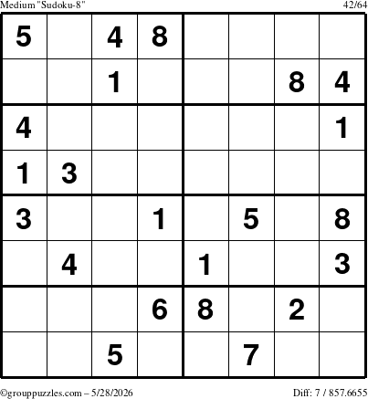 The grouppuzzles.com Medium Sudoku-8 puzzle for Thursday May 28, 2026