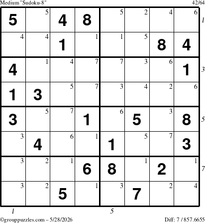 The grouppuzzles.com Medium Sudoku-8 puzzle for Thursday May 28, 2026 with all 7 steps marked