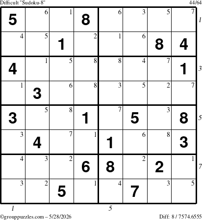 The grouppuzzles.com Difficult Sudoku-8 puzzle for Thursday May 28, 2026 with all 8 steps marked