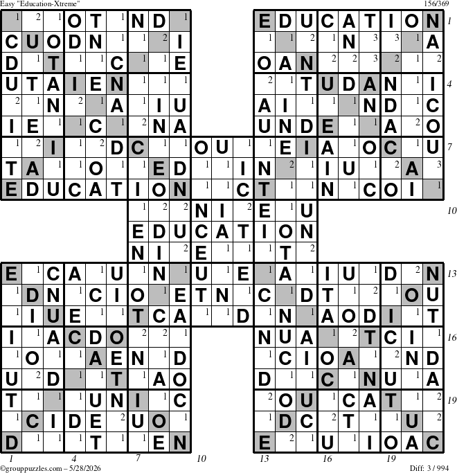 The grouppuzzles.com Easy Education-Xtreme puzzle for Thursday May 28, 2026, suitable for printing, with all 3 steps marked