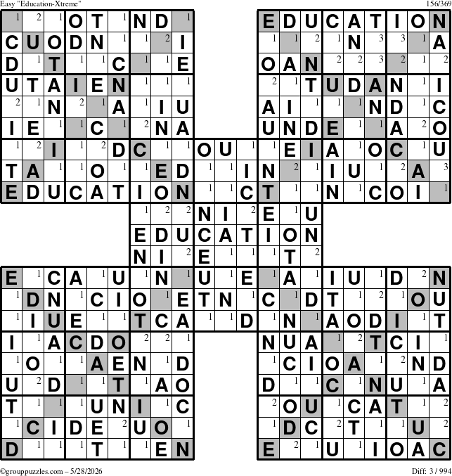 The grouppuzzles.com Easy Education-Xtreme puzzle for Thursday May 28, 2026 with the first 3 steps marked