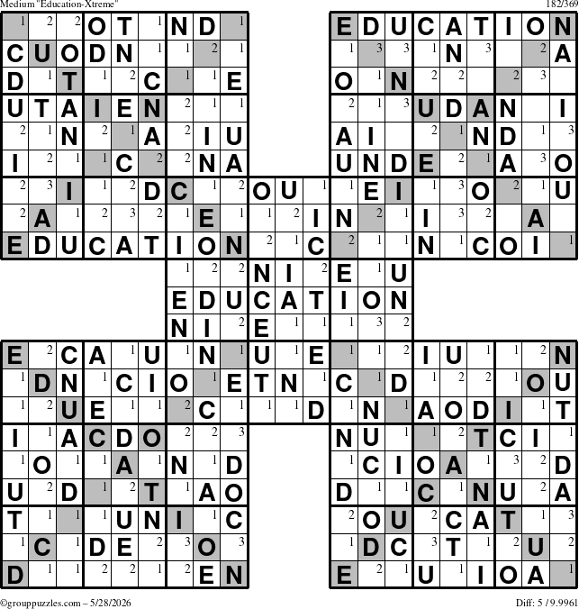 The grouppuzzles.com Medium Education-Xtreme puzzle for Thursday May 28, 2026 with the first 3 steps marked
