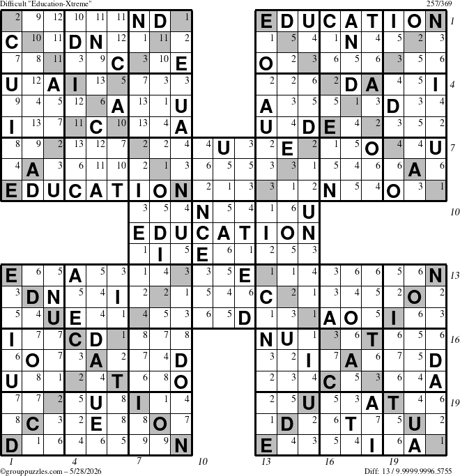 The grouppuzzles.com Difficult Education-Xtreme puzzle for Thursday May 28, 2026, suitable for printing, with all 13 steps marked