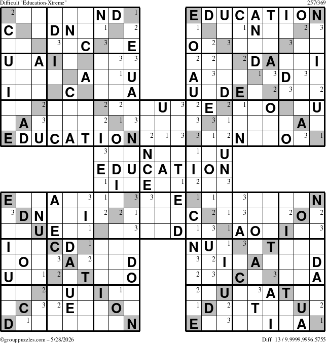 The grouppuzzles.com Difficult Education-Xtreme puzzle for Thursday May 28, 2026 with the first 3 steps marked
