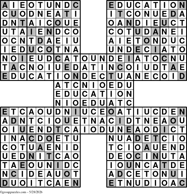 The grouppuzzles.com Answer grid for the Education-Xtreme puzzle for Thursday May 28, 2026
