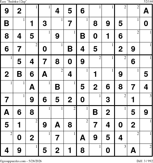 The grouppuzzles.com Easy Sudoku-12up puzzle for Thursday May 28, 2026 with the first 3 steps marked