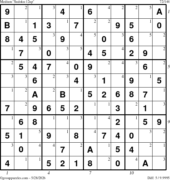 The grouppuzzles.com Medium Sudoku-12up puzzle for Thursday May 28, 2026 with all 5 steps marked