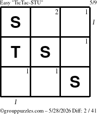 The grouppuzzles.com Easy TicTac-STU puzzle for Thursday May 28, 2026, suitable for printing, with all 2 steps marked