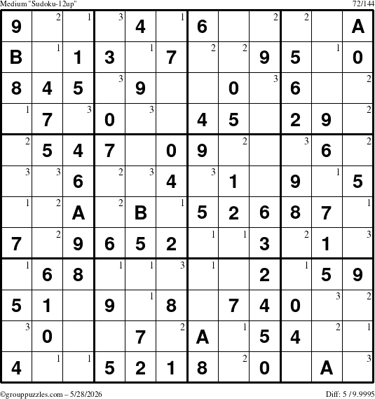 The grouppuzzles.com Medium Sudoku-12up puzzle for Thursday May 28, 2026 with the first 3 steps marked