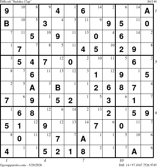 The grouppuzzles.com Difficult Sudoku-12up puzzle for Thursday May 28, 2026, suitable for printing, with all 14 steps marked