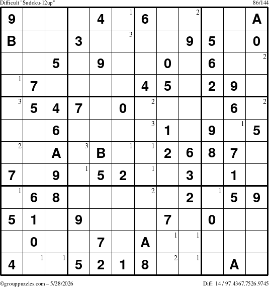 The grouppuzzles.com Difficult Sudoku-12up puzzle for Thursday May 28, 2026 with the first 3 steps marked