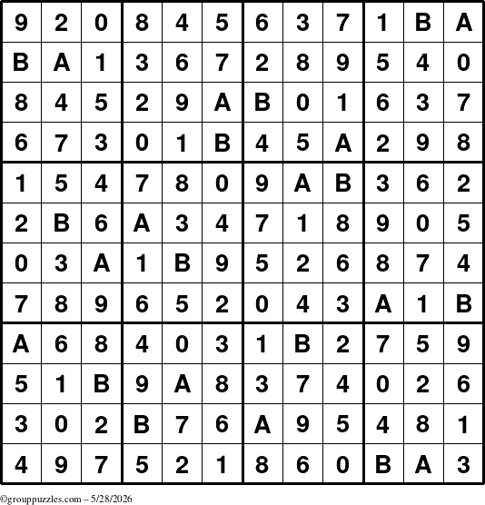 The grouppuzzles.com Answer grid for the Sudoku-12up puzzle for Thursday May 28, 2026