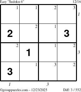 The grouppuzzles.com Easy Sudoku-4 puzzle for Tuesday December 23, 2025, suitable for printing, with all 3 steps marked